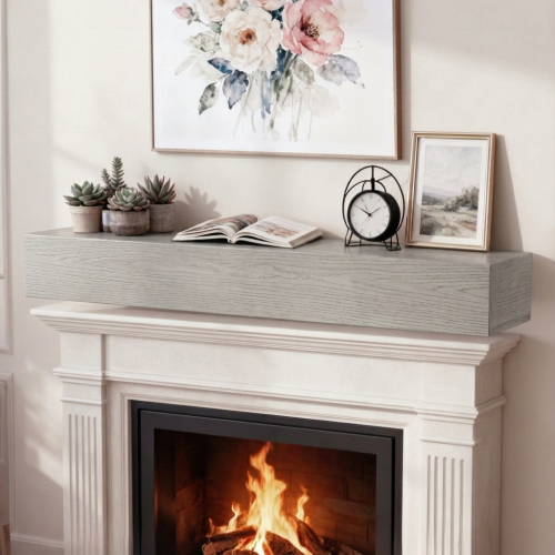 60-Inch Gray Embossed Solid Wood Floating Fireplace Mantel Shelf