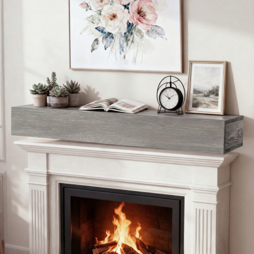 60-Inch Gray Solid Wood Rustic Wall-Mounted Fireplace Mantel Shelf