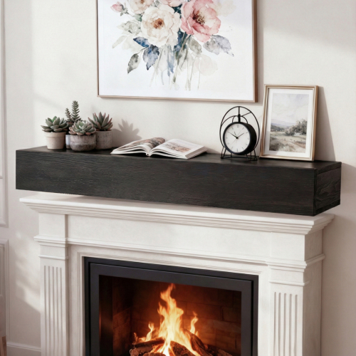 72-Inch Black Solid Wood Rustic Wall-Mounted Fireplace Mantel