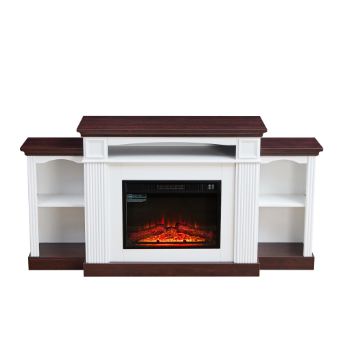 70-Inch Cherry and White MDF Electric Fireplace TV Stand with Mantel