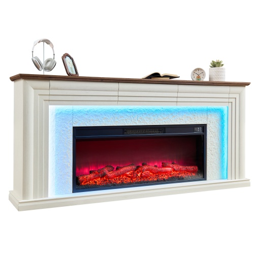 70-Inch White Marble MDF Fireplace TV Stand with 3 Drawers