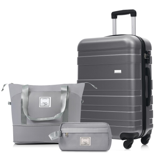 3-Piece Grey ABS Luggage Set with 24-Inch Suitcase and Bags