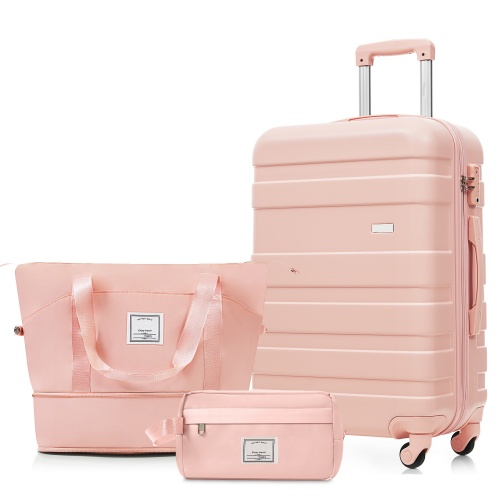 Pink 3-Piece ABS Luggage Set with 24-Inch Checked Suitcase