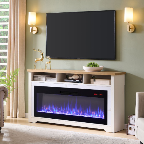 70-Inch Cream White Glass, Steel & MDF TV Stand with Fireplace