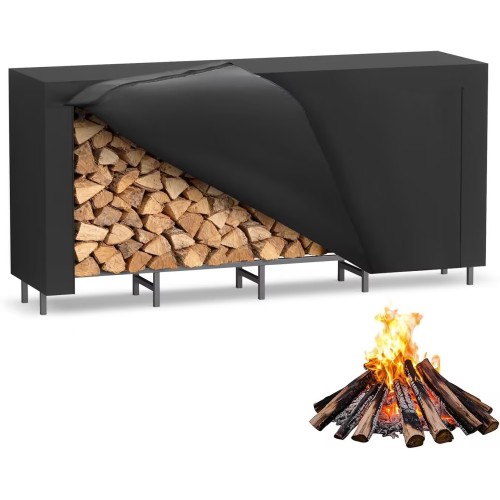12.7-Ft Black Metal Outdoor Firewood Rack with Waterproof Cover