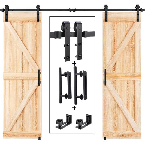 10-Ft Black Metal Double Sliding Barn Door Hardware Kit with Spoke Wheels