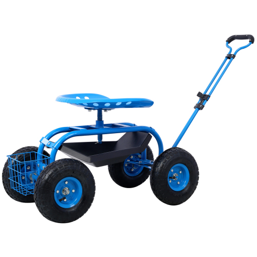 Blue Steel Rolling Garden Scooter Cart, 42.5 in, 360° Swivel Seat