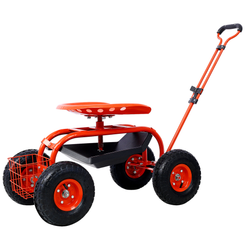Red Steel Rolling Garden Scooter Cart with 360° Swivel Seat and Tray