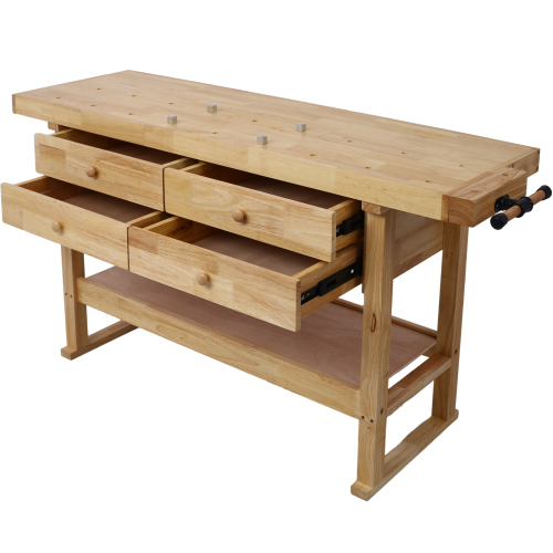 60-Inch Natural Rubber Wood Workbench with 4 Drawers for Home or Garage