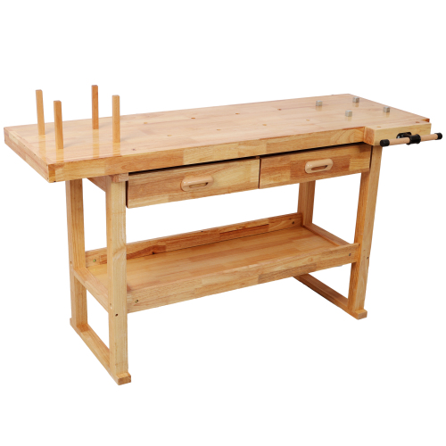 60-Inch Natural Rubberwood Workbench with 2 Drawers and Open Shelf