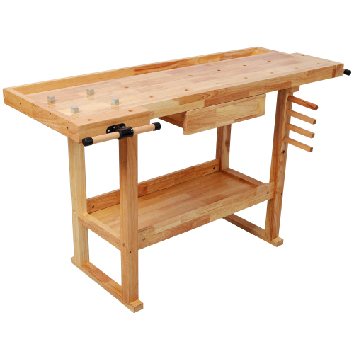 55-Inch Natural Rubber Wood Heavy-Duty Workbench with Storage