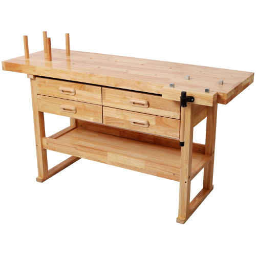 Natural 60-Inch Rubber Wood Workbench with 4 Drawers for Workshop