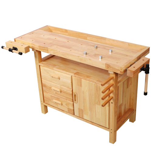 50-Inch Natural Rubberwood Workbench with 3 Drawers, Cabinet & Shelf