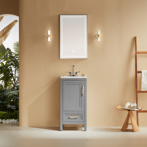 Fully Assembled 18-Inch Grey Solid Wood Bathroom Vanity with Ceramic Top