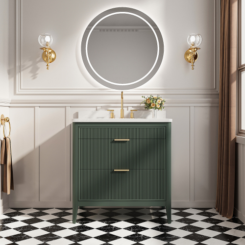 36-Inch Vintage Green Single-Sink Bathroom Vanity, Solid Wood
