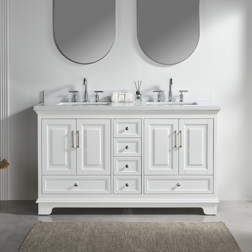 60-Inch White Solid Wood Freestanding Double Vanity with Artificial Stone Top