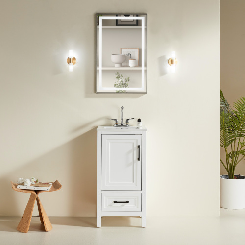 18-Inch White Freestanding Bathroom Vanity with Top, Solid Wood