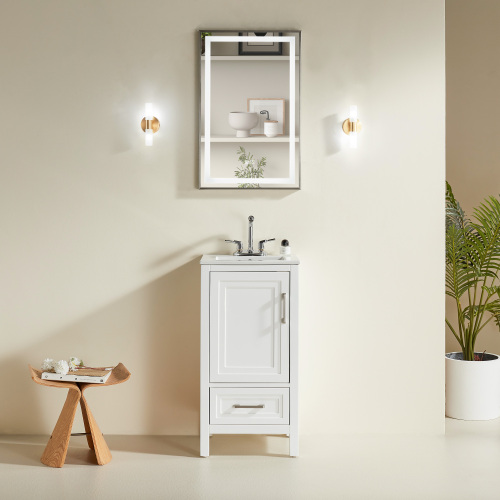 18-Inch White Freestanding Bathroom Vanity with Ceramic Top, Solid Wood