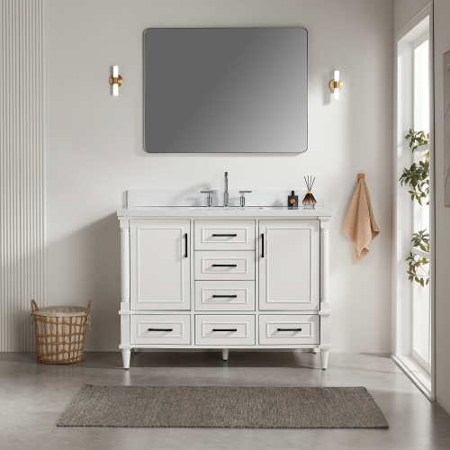 Fully Assembled 48-Inch White Freestanding Vanity, Solid Wood & Plywood