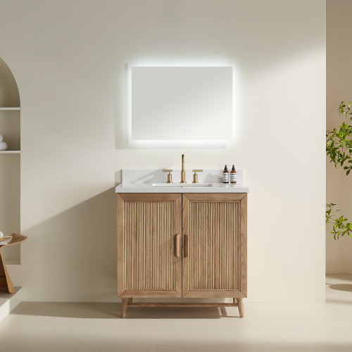 Assembled 36-Inch Light Coffee Solid Wood Single-Sink Vanity, White Top