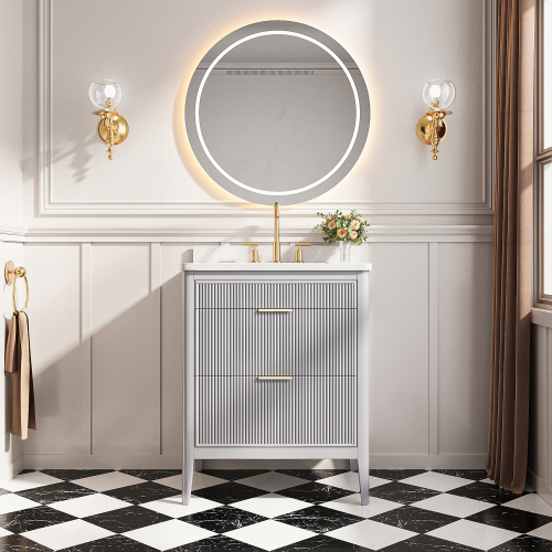30-Inch Light Grey Solid Wood Single-Sink Vanity with Engineered Marble Top