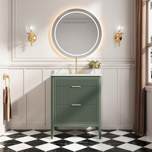 30-Inch Vintage Green Single Sink Vanity with Solid Wood and Marble Top