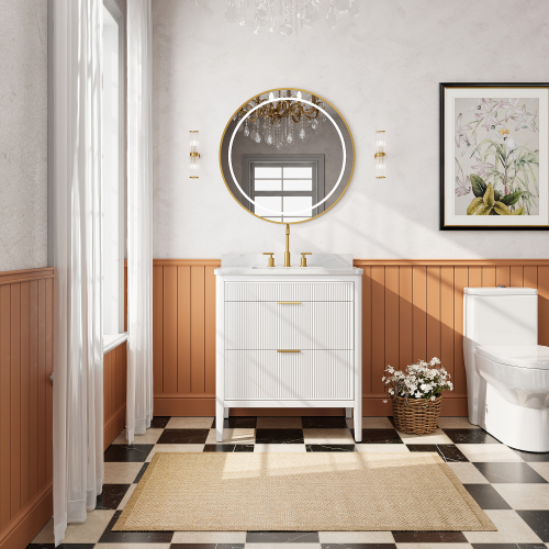 30-Inch White Solid Wood Single-Sink Bathroom Vanity with Engineered Marble Top
