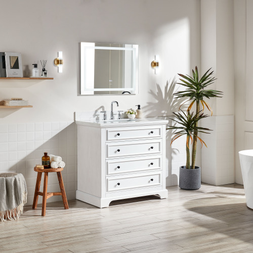 Fully Assembled 36-Inch White Solid Wood & Plywood Vanity with Marble Top