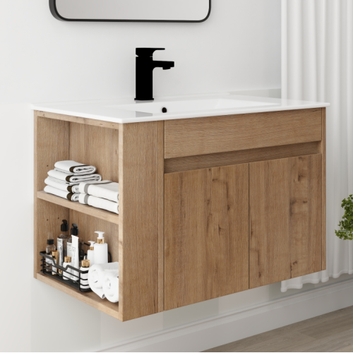 30-Inch Imitative Oak Plywood Vanity with White Ceramic Basin