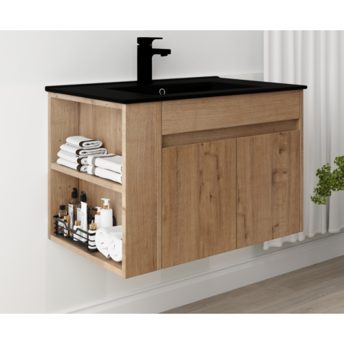 30-Inch Plywood Bathroom Vanity with Black Ceramic Basin and Open Shelf