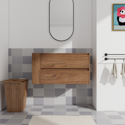 36-Inch Brown Oak Plywood Wall-Mounted Modern Bathroom Vanity
