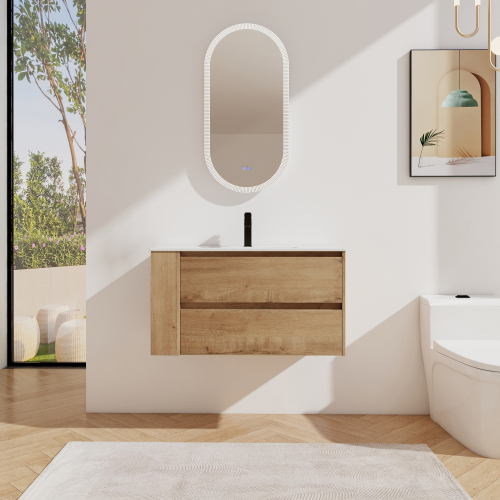36-Inch Modern Plywood Wall-Mount Vanity with White Ceramic Sink