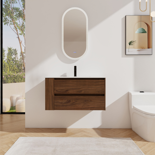 36-Inch Modern Plywood Wall-Mounted Vanity with White Ceramic Sink