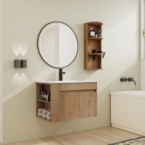 30-Inch Imitative Oak Plywood Wall-Mounted Bathroom Vanity With Sink