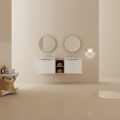 60-Inch Glossy White Plywood Wall-Mounted Bathroom Vanity With Sink