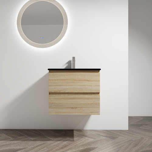 24-Inch Wall-Mounted Light Oak Plywood Vanity, Black Ceramic Sink