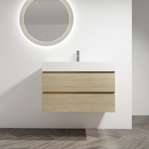 36-Inch Light Oak Plywood Wall-Mounted Vanity, Resin Sink, 2 Drawers