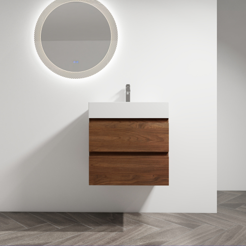 24-Inch Brown Oak Plywood Wall-Mounted Vanity with Resin Sink and 2 Drawers