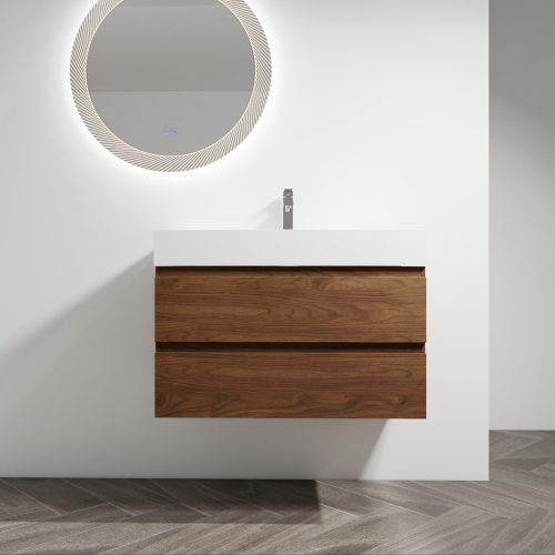 36-Inch Brown Oak Plywood Bathroom Vanity with Resin Sink, 2 Drawers