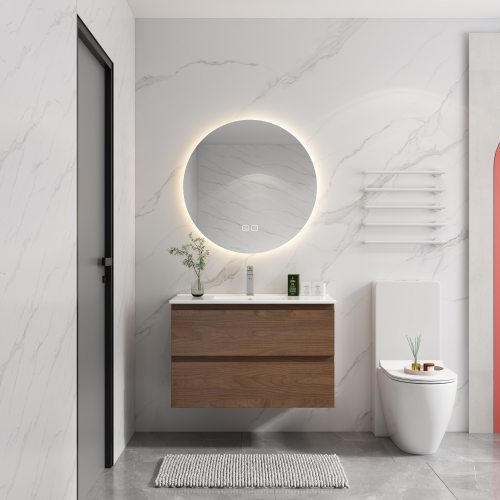 36-Inch White Ceramic Wall-Mounted Plywood Bathroom Vanity with 2 Drawers