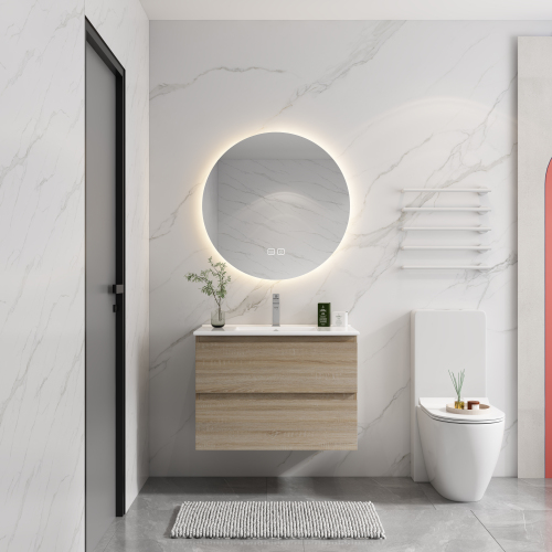 30-Inch Plywood Wall-Mounted Vanity with White Ceramic Sink, 2 Soft-Close Drawers