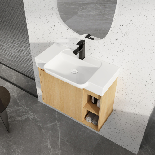28-Inch Light Oak Plywood Wall-Mounted Vanity with Ceramic Sink