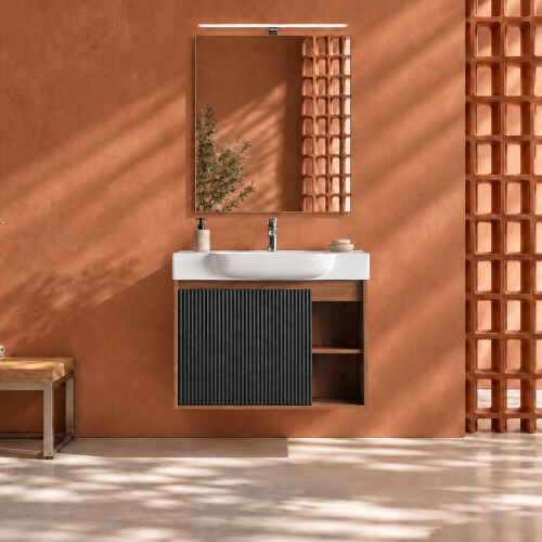 28-Inch Brown Ebony Wall-Mounted Vanity with Ceramic Sink, Plywood