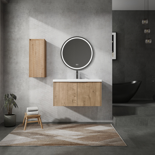 36-Inch Imitative Oak Plywood Wall-Mounted Bathroom Vanity with Sink