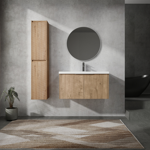 36-Inch Imitative Oak Plywood Wall-Mounted Vanity with Sink & Cabinet