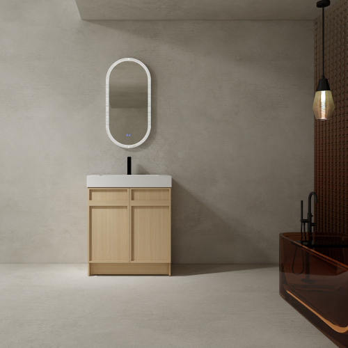 30" Dune Oak Plywood Bathroom Vanity with White Resin Sink, 2 Soft-Close Doors