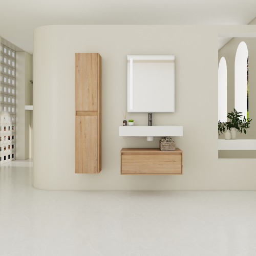 30-Inch Imitative Oak Plywood Wall-Mounted Vanity with Resin Sink