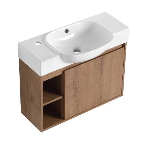 26-Inch Imitative Oak Plywood Wall-Mounted Bathroom Vanity with Sink