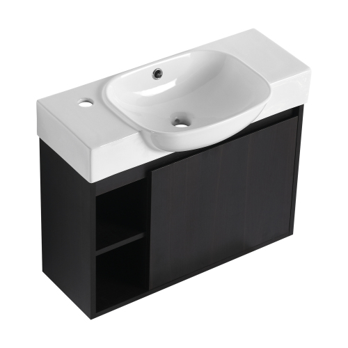 26-Inch Dark Oak Plywood Wall-Mounted Bathroom Vanity with Ceramic Sink