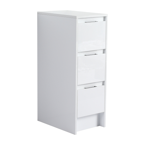12-Inch Glossy White Plywood Freestanding Bathroom Cabinet, 3 Drawers